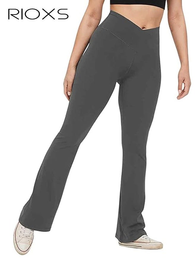 RIOXS Women's Flare Leggings, Ladies V Crossover Yoga Pants, Tummy Control High-Waisted Wide Leg Trousers, Gym Bootcut Yoga Pants, Bell Bottoms For Women, Deep Gray - Image 2